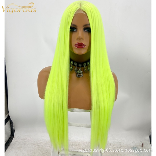 Vigorous 2021 new style green hair frontal weft long straight synthetic front lace wig Glueless Heat Resistant fiber